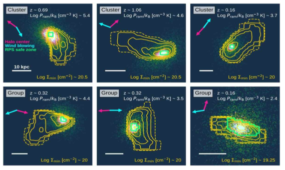 시뮬레이션 내에서 가스 손실을 겪는 은하의 항성(배경) 및 가스(황색 선) 분포. 상단의 3개 그림은 은하단 내의 은하를, 하단의 3개 그림은 은하군 내의 은하를 나타냈다. 청색 및 적색 화살표는 각각 램 압력의 작용 방향(은하 이동의 역방향)과 중심 은하의 방향을 나타낸다. 은하가 보유한 가스가 압력에 의해 은하의 이동의 역방향으로 길게 늘어진 것을 볼 수 있다