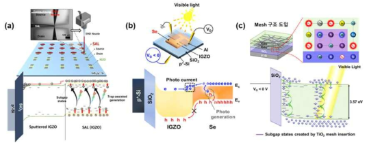 광센서의 효율 향상을 위한 (a) SAL을 이용한 subgap state 조절 연구 (b) selenium layer 삽입을 통한 광 전도성 향상 연구 (c) TiO2 mesh 구조 도입을 통한 표면 텍스쳐링 연구