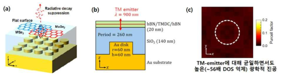 (a) 금 나노디스크 반사형 기판을 이용한 광학적 진공 구현 개념도. (b) 전산모사된 구조의 상세 정보. (c) TM 편광 상태에서 공간적으로 균일한 광학적 진공도 획득 전산모사 결과