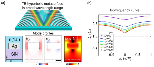 (a) 하이퍼볼릭 메타표면 도식과 광학적 모드의 전기장 및 전기적 에너지 분포. Scale bar는 50 nm. (b) 전산모사를 통해 계산된 가시광선 영역에서 근적외선 영역까지의 하이퍼볼릭 모드의 등주파수 분산 관계