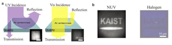 (a) 알루미늄 나노 원반 배열의 플라즈몬 공진에 의한 반사형 구조색 구현에 대한 개념도와 (b) 가시광선에서는 보이지 않고 자외선에서만 밝게 보이는 구조색 이미지 구현