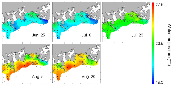 2019년 여름-가을 기간에 한국 남해 연안에서 관찰된 수온 분포 변화