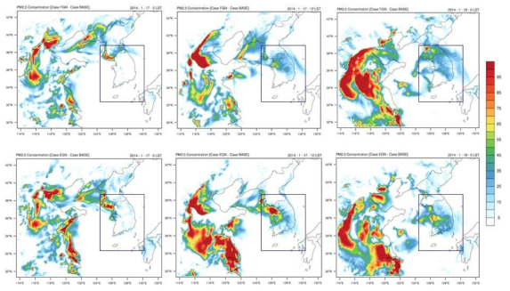 BASE(위)와 FDDA(아래) 모델 수행 시, 미세먼지 농도 분포