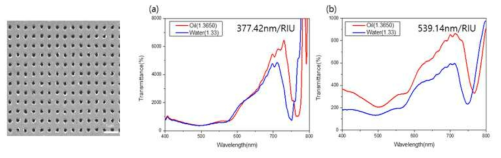 E-beam 리소그래피로 제작된 나노 홀 구조체 SEM 이미지 그리고 (a) 집속, (b) collimation 된 빛에 따른 투과 스펙트럼
