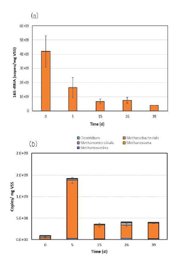 반연속 운전기간동안 rRNA 농도(a)와 메탄생성균 군집분포(b) 변화