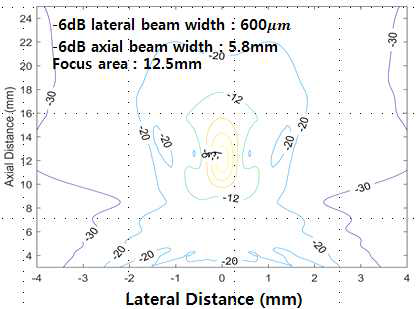 Field II 프로그램을 이용해 획득한 설계한 변환기의 음장(beam profile)