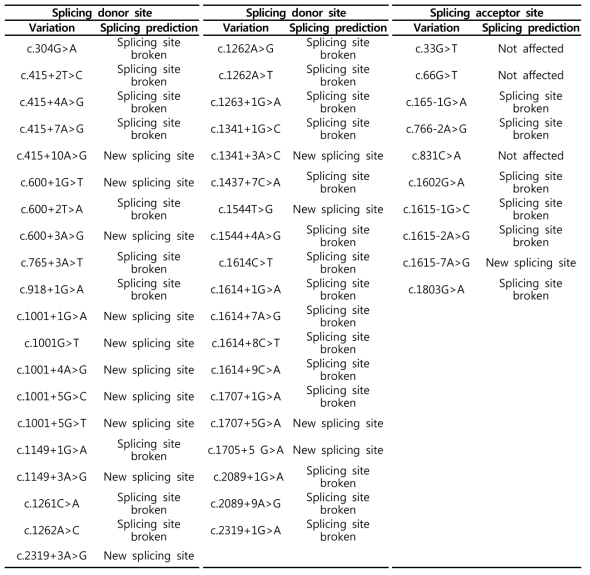 스플라이싱 예측프로그램을 통한 SLC26A4 유전자의 돌연변이의 비정상 스플라이싱 예측 결과
