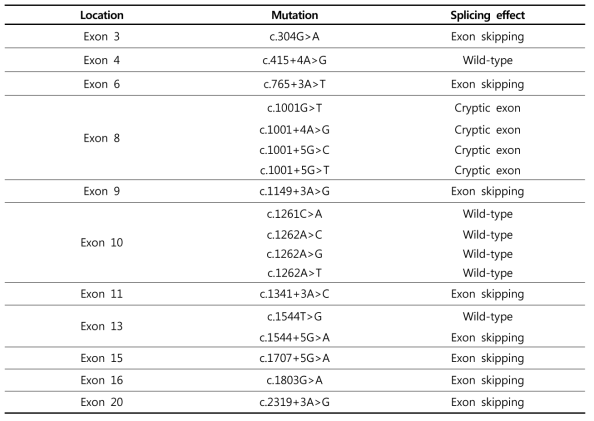 선별된 SLC26A4 유전자의 스플라이싱 돌연변이들의 전사체 발현 결과