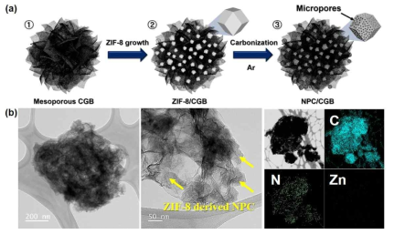 계층적 기공구조의 그래핀-질소도핑된 다공성 탄소 담지체. (a) 합성 모식도, (b)TEM 사진