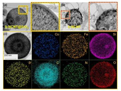 실리카 코팅 층의 유무에 따른 질소 도핑된 탄소나노튜브 성장 후 담지체의 형상 차이. (a) 실리카 코팅 층 존재, (b) 실리카 코팅 층 부재. (c) 중공 구조의 질소 도핑된 탄소나노튜브@실리카 코어-쉘 담지체/황 복합체의 TEM사진