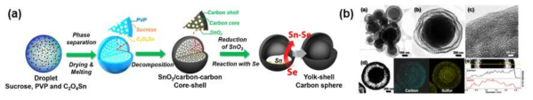 (a) 분무열분해를 이용한 요크-쉘 탄소 합성 모식도 (b) 요크-쉘 탄소/황 전극 TEM 사진