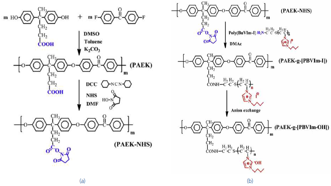 (a) PAEK-NHS와 (b) PAEK-g-[PBuVIm-OH]의 합성도