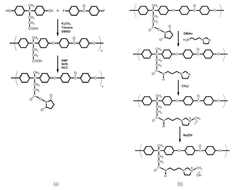 (a) PAEK 와 PAEK-NHS, (b) 측쇄에 Imidazolium group을 갖는 PAEK-API의 합성도