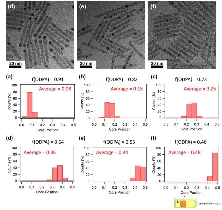 CdSe 양자점 코어의 위치가 조절된 dot-in-rod 나노 구조체 TEM 이미지 및 코어 위치에 대한 히스토그램
