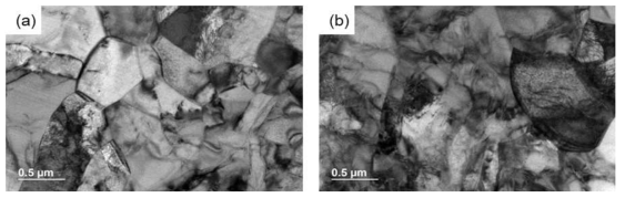 ZTR-12 시편의 TEM 이미지 (a) 열처리 전 시편, (b) 열처리 후 시편