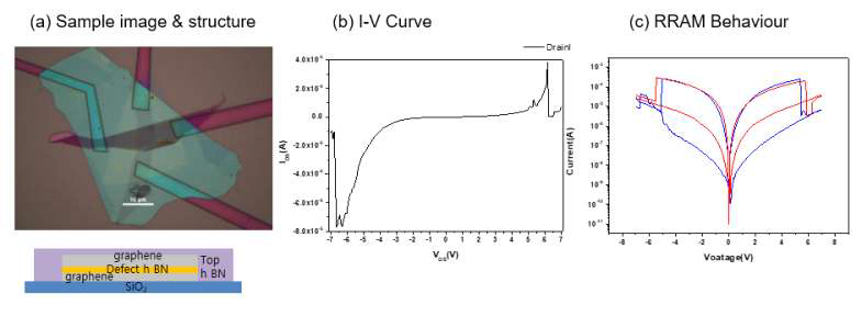 결함이 형성된 hBN 터널 소자의 특성. (a) 소자 모식도 및 광학현미경 사진. (b) 측정된 I-V Curve. (c) hBN 소자의 RRAM 특성