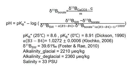 유공충의 붕소 동위원소를 pH로 변환하는 공식 및 계수 (Zeebe and Gladrow, 2005)