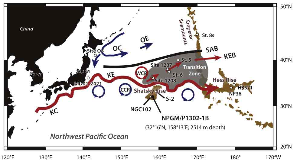 연구 대상인 NPGM/P1302-1B 코어의 위치 및 주변 해류의 영향권. OC: Oyashio Current, OE: Oyashio Extension, KC: Kuroshio Current, KE: Kuroshio Extension, KEB: Kuroshio Extension Bifurcation, SAB: Subarctic Boundary, CCR: Cold Core Ring, WCR: Warm Core Ring. 그림 출처: Seo et al. (2018)