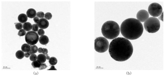 TiO2 particles obtained by laser ablation of Ti plate in deionized water: a) low magnification, b) high magnification both image almost have spherical shape