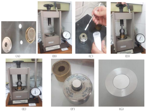 TiO2 Disk making steps: A) Disk Template tools B) Pressing Tools C) Pour of TiO2 Nano-powder into the template D) Set the template in the pressing tool E) Pressing of TiO2 with 5000 kg pressure F) Opening of press tools G) put the tablet into the aluminum di