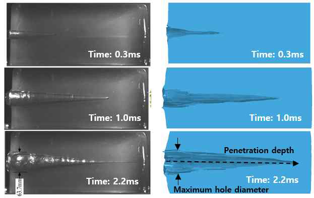 Ballistic gelatin에 대한 강철구 침투양상 (좌) 실험 결과, (우) 시뮬레이션 결과