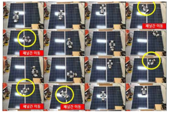 독립된 2개의 흡착 패드 및 분리형 개별패드를 사용한 궤도바퀴를 적용한 3차 세척로봇(Type III)의 주행시험 결과: 태양광패널 간격 10cm, 경사각 35도 패널간 이동 주행 성공