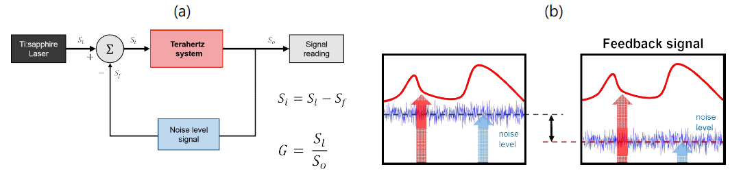(a) normalized feedback technique의 전체적인 보정 알고리즘. (b) normalized feedback technique은 광대역 테라헤르츠 신호의 장점은 유지하면서 noise 수준만을 낮춰 안정적으로 높은 SNR 테라헤르츠 신호를 구현할 수 있다