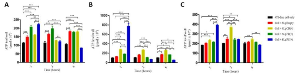 Analysis of ATP secretion from cancer cells. (A) CT26, (B) MC38 and (C) 4T1 cell