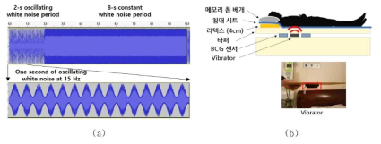 (a) 청각자극 용 white noise 신호 구성, (b) 진동 자극 시스템