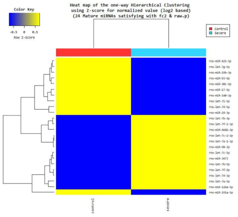 Control 그룹과 Severe 그룹에서 miRNA hierarchical clustering analysis