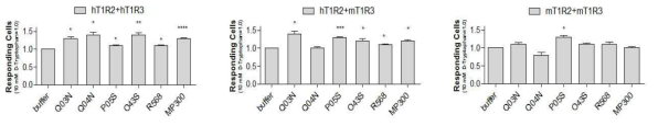 Representative ratiometric images of cells that were transfected with three different combinations of human and mouse T1R2-T1R3 together with Gα16gust44 in response to D-tryptophan and sample. The color scale indicates the F340/F380 ratio as a pseudocolor (Scale bar, 50 μm). Data are expressed as the mean ± SE (n = 3-4) numbers of responding cells