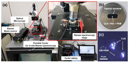 In-situ 라만 분광법(In-situ Raman spectroscopy)를 통한 CuS 분석 (a) In-situ 라만분광법 시스템 구성 image, (b) In-situ 라만분광법용 코인 셀 image, (c) CuS 전극의 광학현미경 image