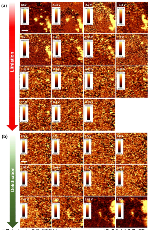 In-situ 라만 분광법(In-situ Raman spectroscopy)를 통한 CuS 전극 매핑 (a) 방전반응 중 CuS 전극 매핑 분포분석, (b) 충전과정 중 CuS 전극 매핑 분포분석