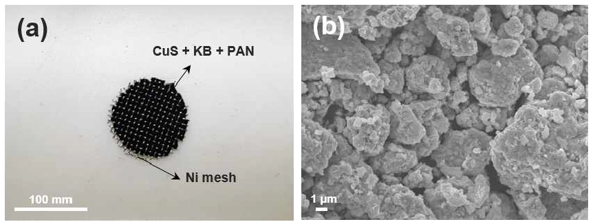 CuS 전극 구성 image (a) CuS 전극 이미지 및 (b) Commercial CuS 분말 SEM image