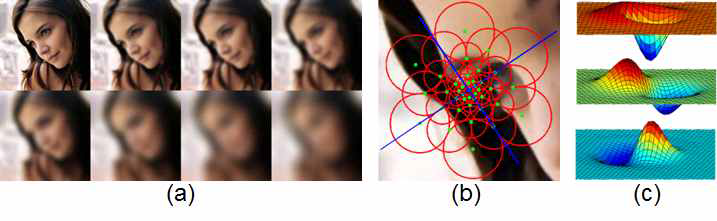 (a) 스무딩 이미지, (b) 글로벌 샘플 패턴, (c) 실제 계산하는 DoG 필터