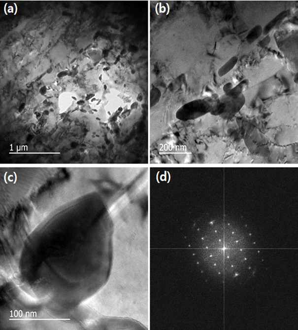 Transmission electron microscope analysis results for weldment of G91-NF model alloy; (a)-(c) bright field images, (d) diffraction pattern