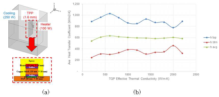 (a) 수치해석 도메인 (b) 유효 열전도에 따른 TPP 상/하면의 평균 열전달 계수 수치해석