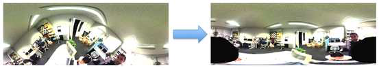 example of VR content upright adjustment. Left: input VR image. It is misaligned due to the VR camera orientation. Right: upright adjustment result, as if the VR camera was straight