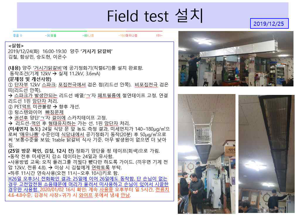 필드테스트를 위하여 대형공기정화기 1호기(알루미늄 프레임)를 설치하는 장면