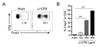 Effect of L. reuteri monocolonization on phenotypes and population of LP-DC subtypes. A and B. Spleenic CD11c+DCs pre-treated with L. reuteri were co-cultured with naïve CD4+ T cells in suboptimal Treg inducing conditions for 3 days, after which Foxp3+ Treg cells were analyzed within live cells. Representative flow cytometric analysis and mean frequencies of CD4+Foxp3+ Treg cells are shown. Bar graph shows the percentage of Foxp3+ Treg cells in dose dependent treatment of Lr-CPS as indicated. Data are representative of five independent experiments with similar results. ***p < 0.001. Data are representative of at least three independent experiments with similar results