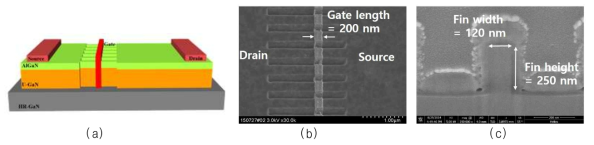 (a) 제작된 3차원 finFET의 구조도, (b), (c) 완성된 fin-type 3차원 소자의 SEM 사진