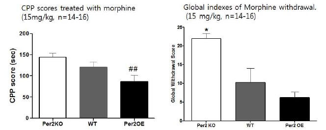 Conditioned place preference (CPP) and withdrawal global index of Per2 TG & WT mice to morphine 15 mg/kg. ## p<0.01 compared to Per2 KO , * p<0.05 compared to WT (Bonferroni test)