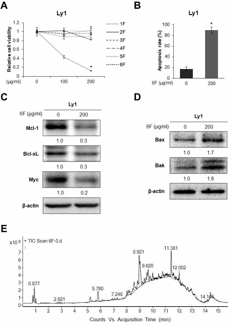 Cytotoxic effects of the TLC fractions of DPSE on DLBCL cells. (A) Ly1 and DHL4 cells were exposed to the fractions 1F - 6F of DPSE (0, 100, and 200 μg/ml for 24 h), followed by the measurement of cell viability. (B) Ly1 cells were treated with 6F of DPSE (0 and 200 μg/ml for 24 h), and the apoptotic rate was measured by Annexin V/PI staining and FACS analysis. A two-tailed Mann-Whitney test was used to calculate the statistical significance (*p < 0.05). (C) The levels of Myc and anti-apoptotic Bcl2 family members, Mcl-1 and Bcl-xL, were examined by western blotting after treatment with 6F (0 and 200 μ g/ml for 24 h). Bar graph: Mcl-1/β-actin, Bcl-xL/β-actin, and Myc/β-actin expressed as average fold decrease over basal levels (0 μg/ml). *p<0.05 (two-tailed Mann-Whitney test). (D) The expression of pro-apoptotic Bcl2 members Bak and Bax was analyzed by western blotting upon exposure to 6F (0 and 200 μg/ml for 24 h). Bar graph: Bax/β-actin and Bak/β-actin expressed as average fold increase over basal levels (0 μg/ml). *p<0.05 (two-tailed Mann-Whitney test). (E) LC/MS profile of the TLC fraction 6F of DPSE