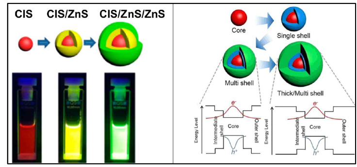 CIS/ZnS와 CIS/ZnS/ZnS구조와 발광 파장 모식도. 코어를 shelling 함에 의해 에너지 밴드 다이아그램이 변화를 오른쪽 패널에서 보여주고 있음