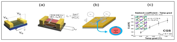전계트랜지스터 및 제벡 통합 시스템을 통한 측정 시스템 모식도: (a) 전계 트랜지스터 모식도 (b) 제벡-이동도 측정 소자 (c) CGS 양자점의 제벡 계수 측정 결과