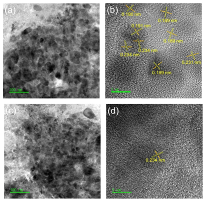 TEM images of the Si-Silicide/C-2 composite electrodes after cycling: (a, b) HR-TEM micrograph after 1st cycling, (c, d) HR-TEM micrograph after 50th cycling