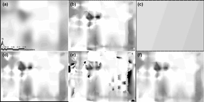 다양한 공간보간법을 적용한 수평면 메탄농도 측정 결과: diffusion interpolation(a), empirical Bayesian Kriging(b), global polynomial interpolation(c), inverse distance weighting(d), local polynomial interpolation(e), radial basis function(f)