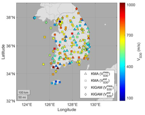 국내 지진 관측소의 VS30 계측값 및 예측값을 색등급에 따라 표기한 지도