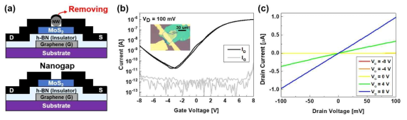 (a) 2차원 소재 적층형 나노갭 트랜지스터 소자 개발 모식도, (b)&(c) 제작된 소자의 이미지 및 의 전기적 특성 그래프