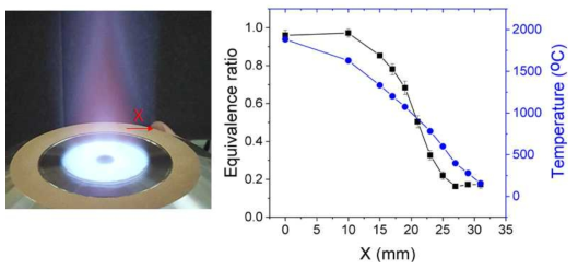 화염의 방사 방향(X) 에 따른 당량비와 온도 동시 측정 결과